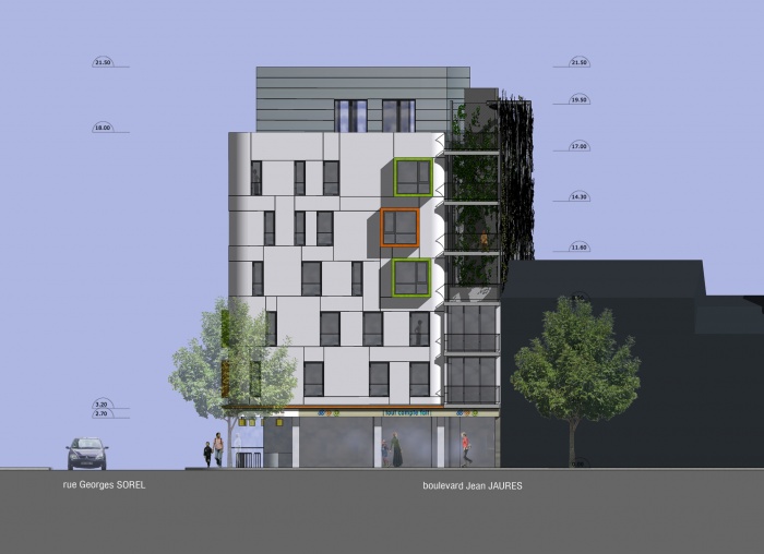 Construction d'un immeuble de 13  logements et deux locaux commerciaux : Fac Est 03 ac traits