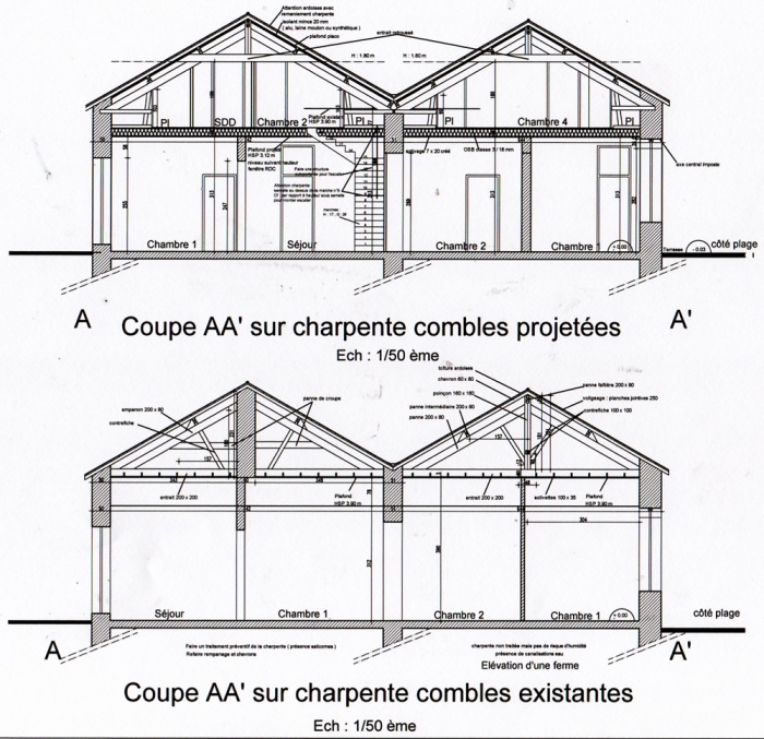 Rnovation d'une maison et amnagement de combles : Coupe combles existant et projet