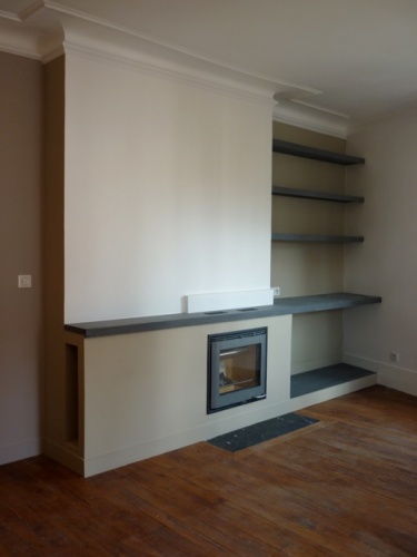 Rnovation et rorganisation d'un appartement classique : Living /photo de chantier: inser chemine et bibliothque 