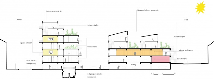 Rhabilitation d'un immeuble hospitalier en logements : coupe longitudinale